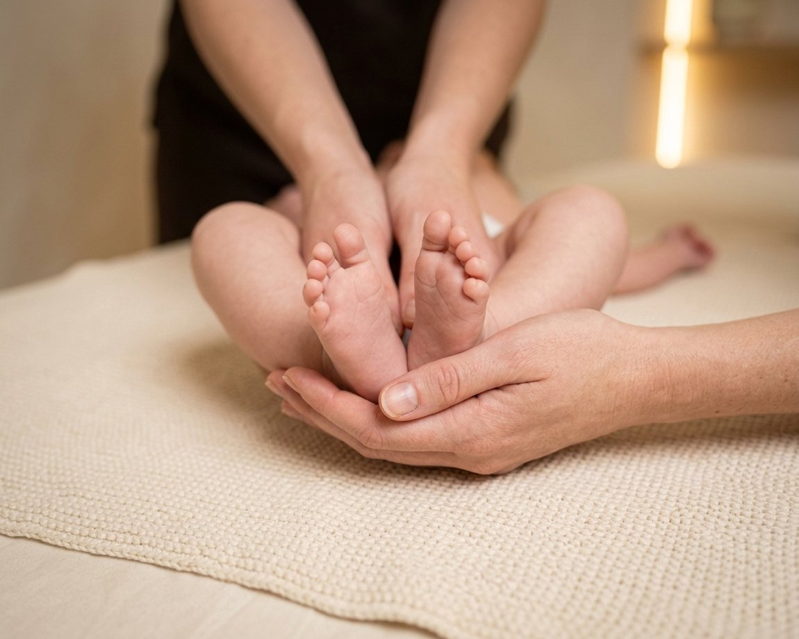 Manos de la fisioterapeuta sujetando los pies de un bebé en una sesión de fisioterapia pediátrica