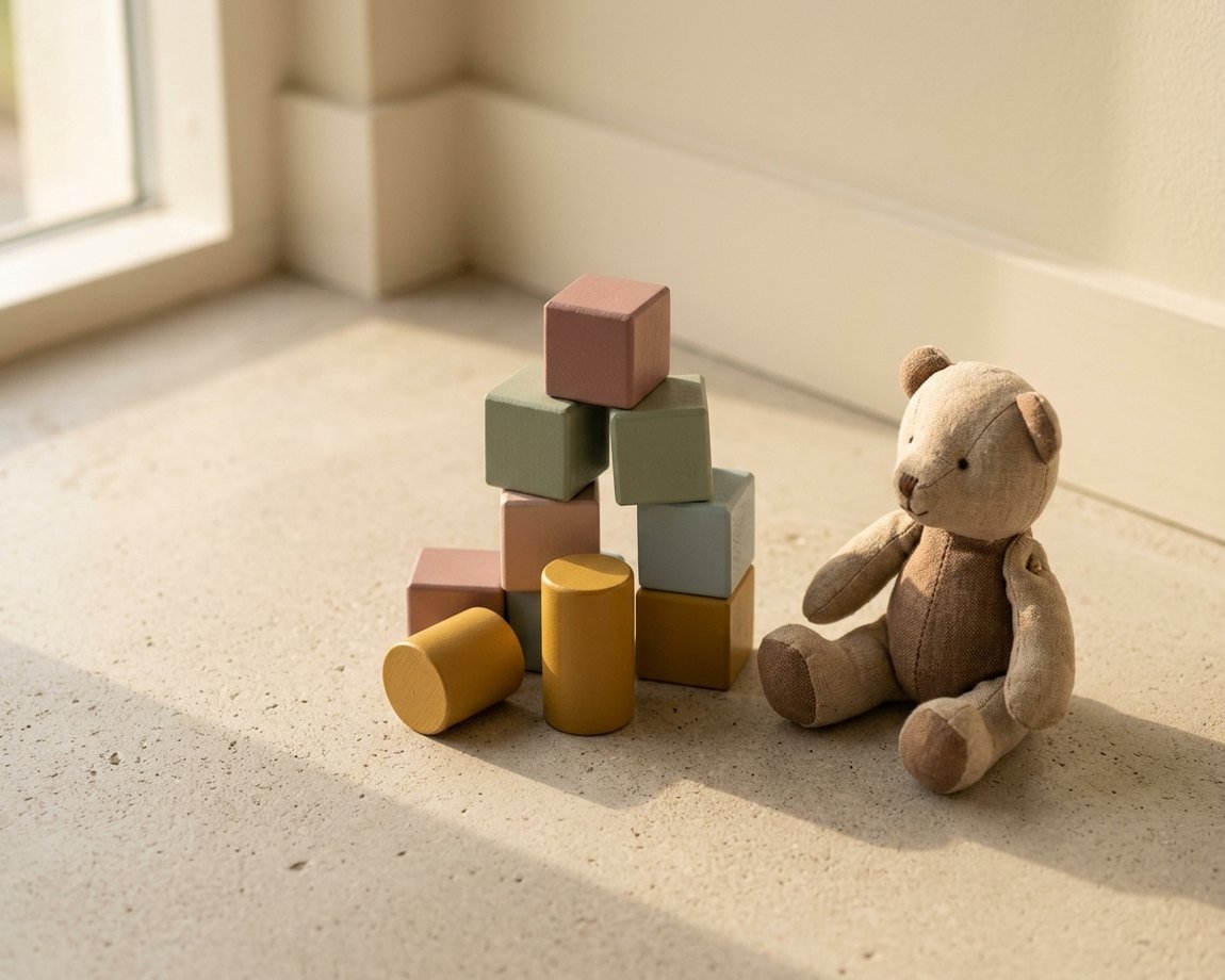 Bloques de madera y peluche en la sala de fisioterapia pediátrica