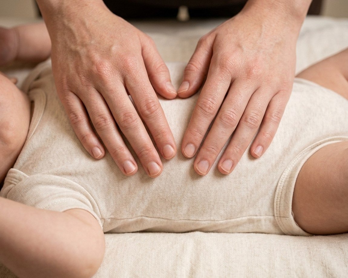 Manos de la fisioterapeuta sobre la espalda de un bebé en una sesión de fisioterapia respiratoria