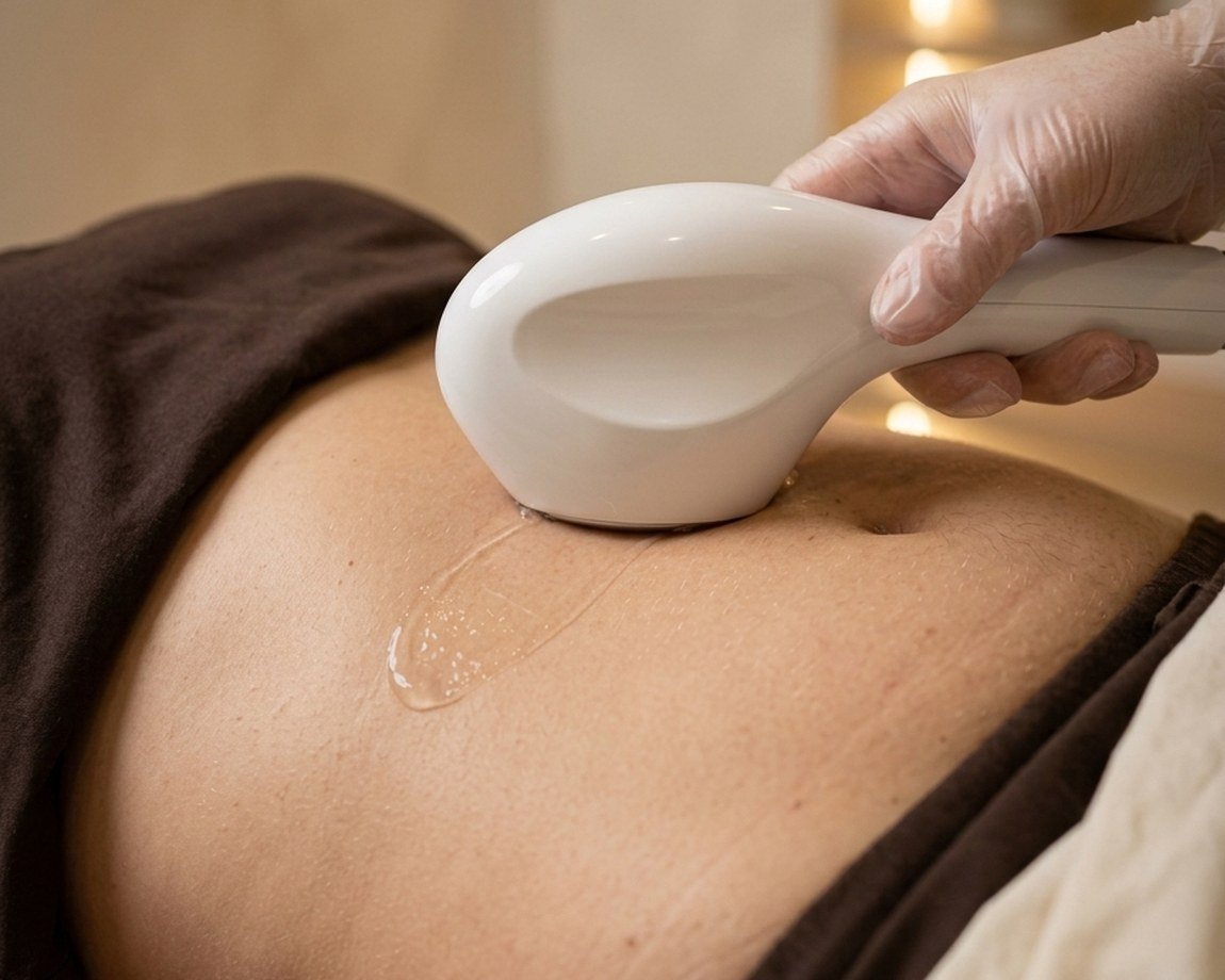 Cabezal de radiofrecuencia deslizándose sobre el abdomen con gel conductor