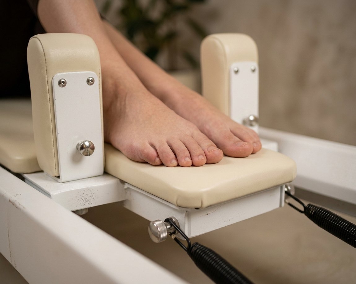 Pies apoyados en la barra de un reformer de Pilates