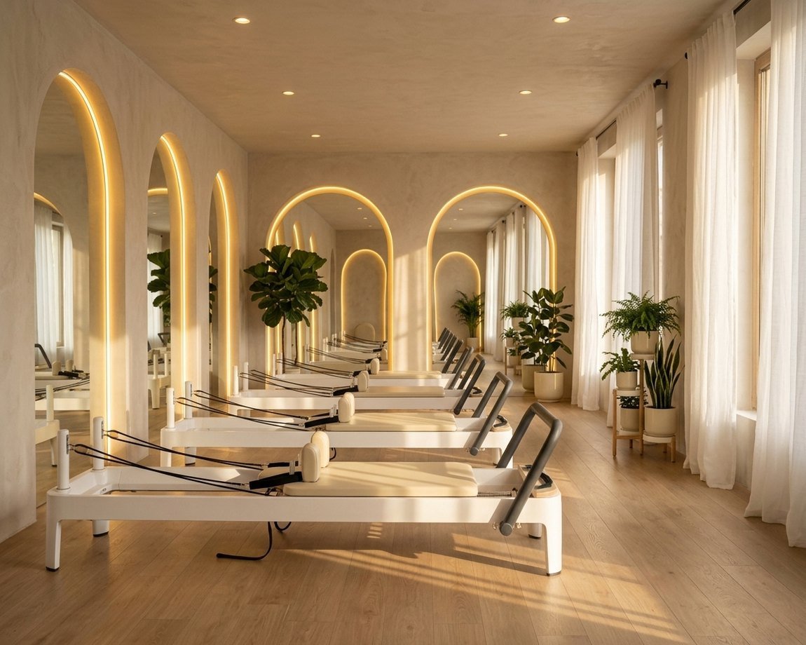Sala de Pilates con cinco máquinas reformer alineadas