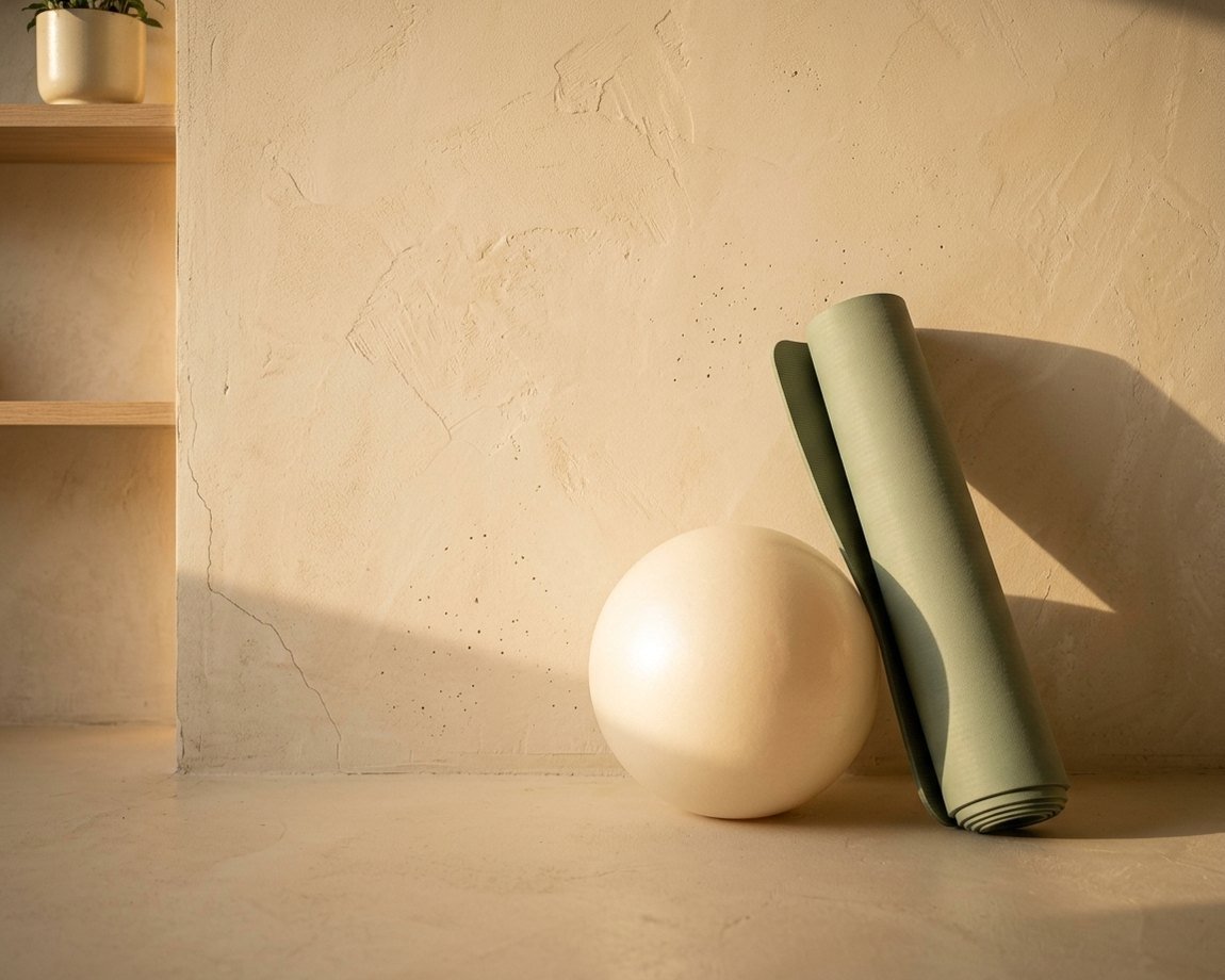 Pelota de Pilates y colchoneta enrollada apoyadas en la pared