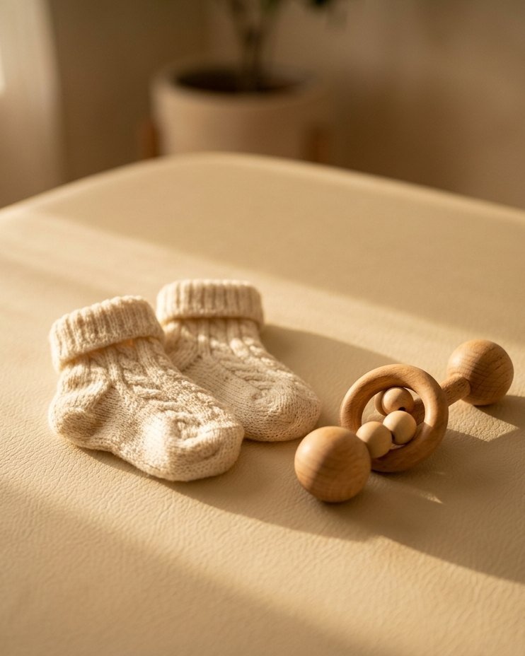 Calcetines de punto y sonajero de madera de un bebé