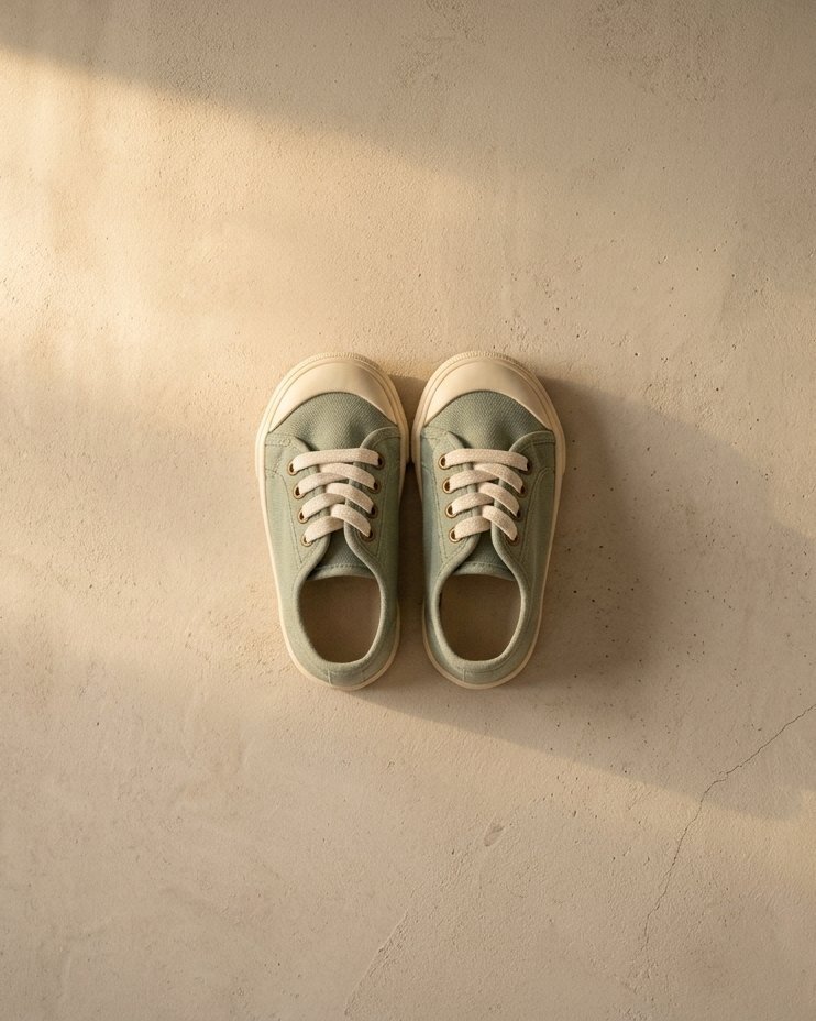 Zapatos infantiles vistos desde arriba sobre el suelo