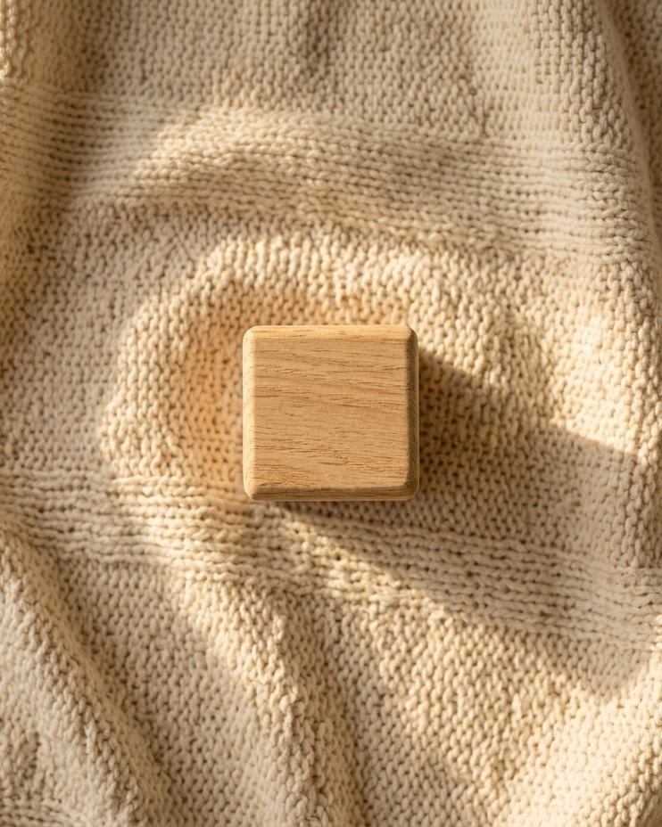 Alfombra de juego con un cubo de madera vista desde arriba