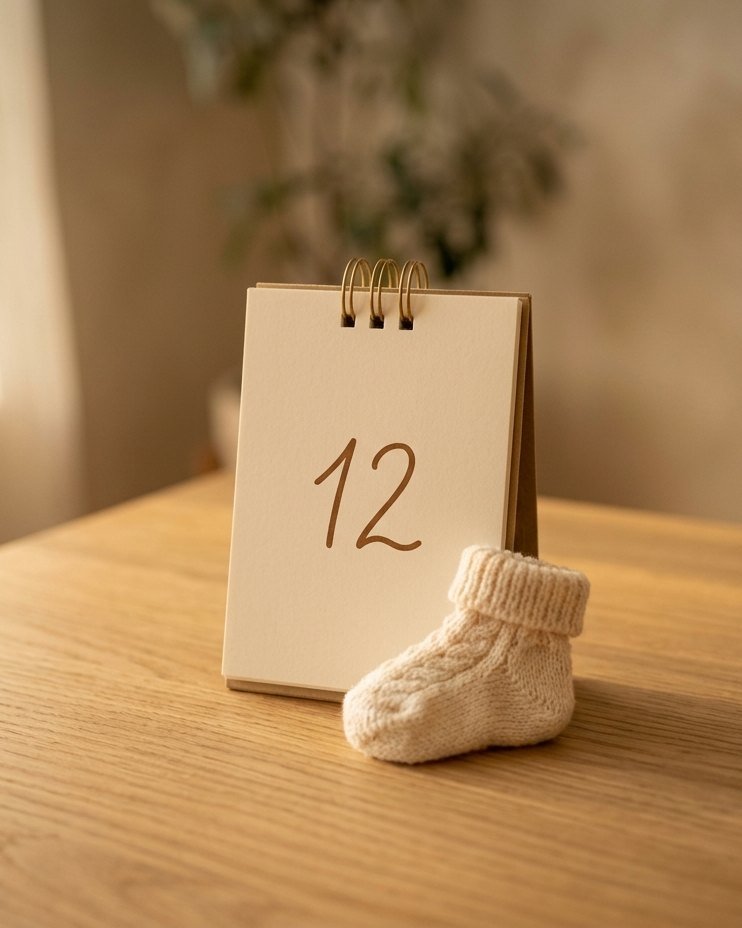 Calendario de mesa junto a un calcetín de bebé