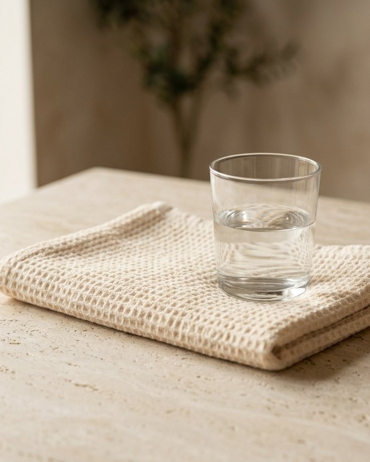 Toalla doblada y vaso de agua sobre una superficie de piedra clara