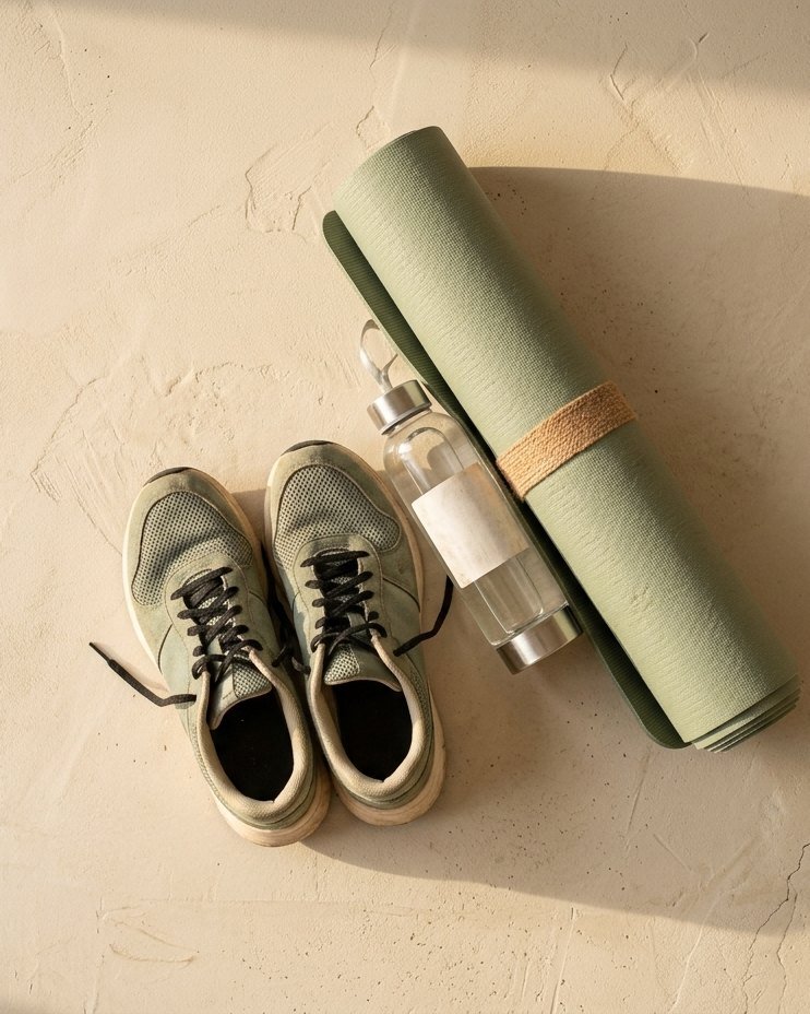 Zapatillas deportivas, botella de agua y colchoneta enrollada
