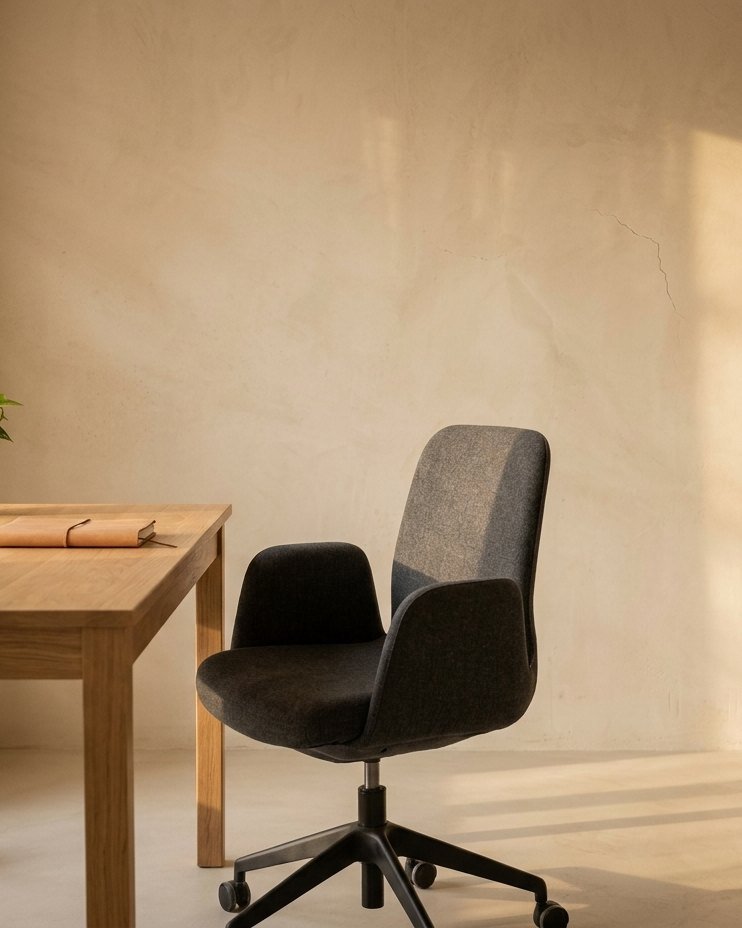 Silla de oficina vacía junto a un escritorio