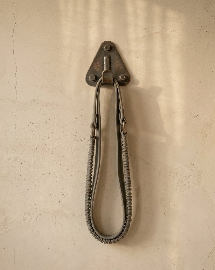 Banda elástica de ejercicio colgada de una anilla de pared