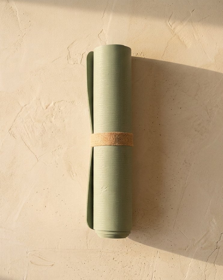 Esterilla de Pilates enrollada apoyada en una pared de microcemento
