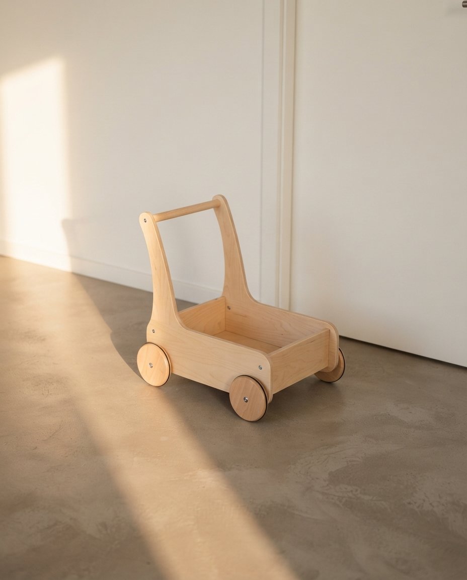 Andador de madera infantil vacío junto a una puerta con luz de tarde