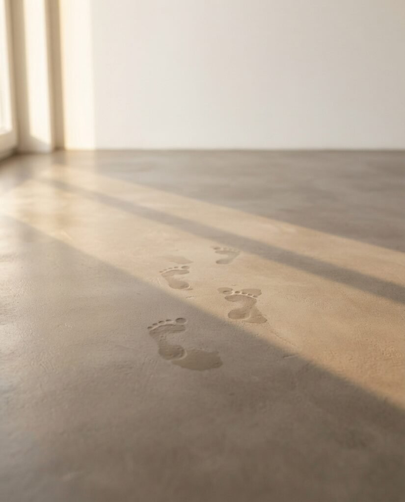 Huellas de pies descalzos de un niño sobre un suelo de microcemento