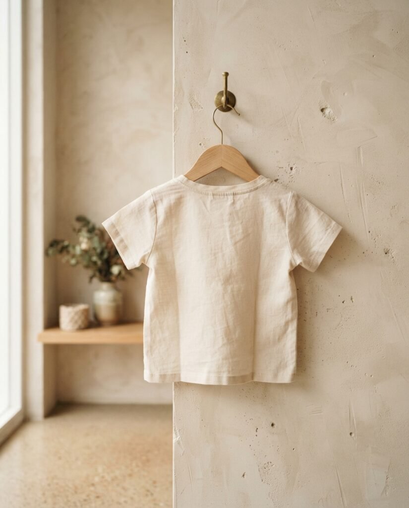 Camiseta de niño colgada de una percha de madera, vista de espaldas