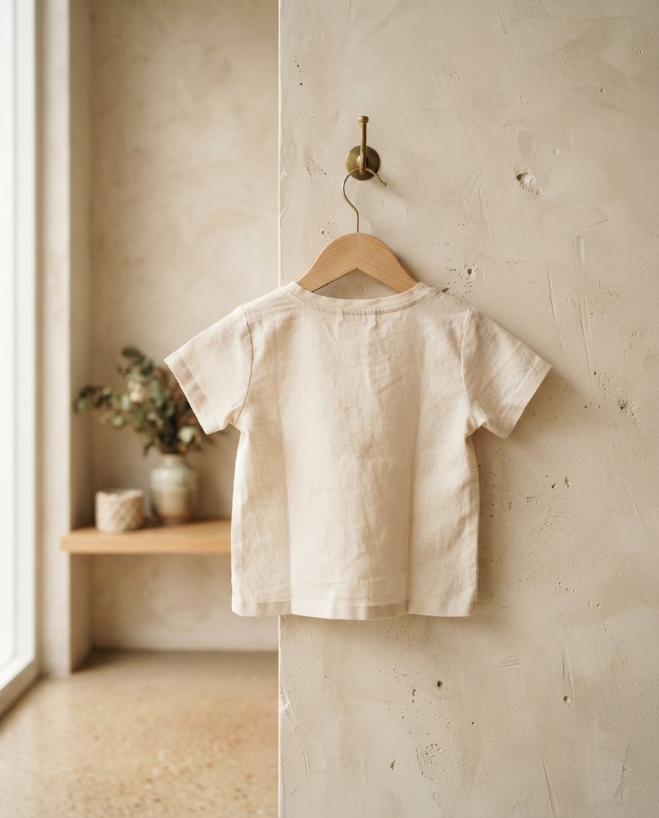 Camiseta de niño colgada de una percha de madera, vista de espaldas