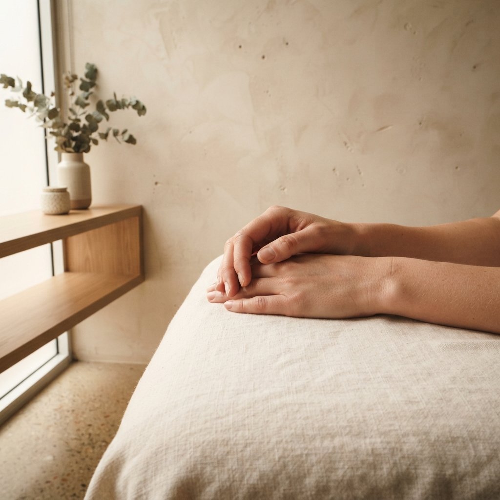 Manos femeninas en reposo, entrelazadas sobre lino natural