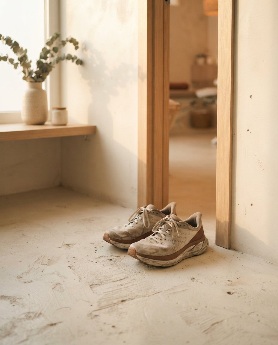 Zapatillas de running usadas junto a una puerta con luz de tarde
