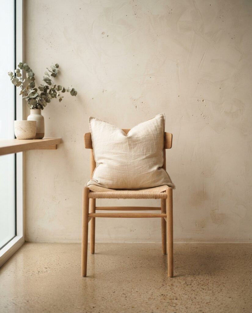 Cojín de lino natural sobre una silla de madera con luz lateral