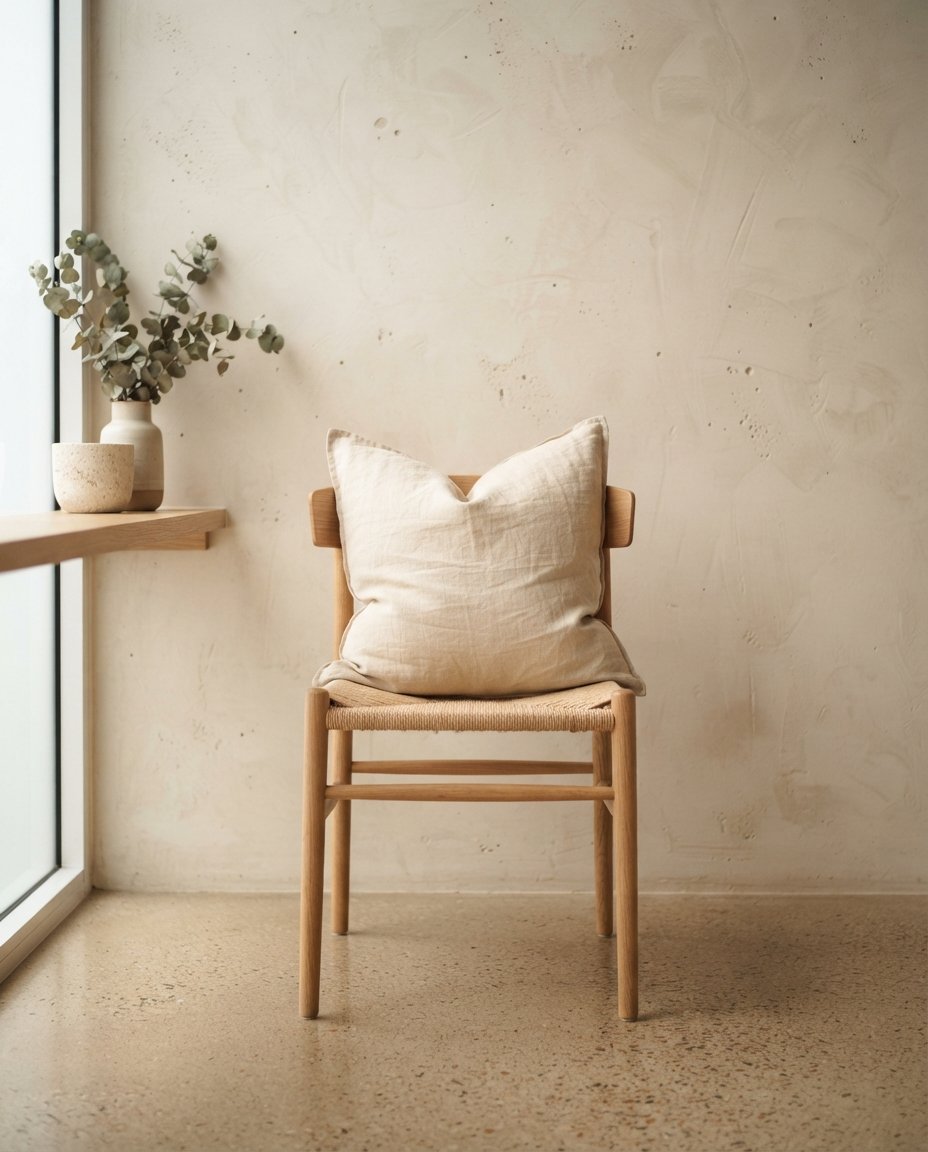 Cojín de lino natural sobre una silla de madera con luz lateral