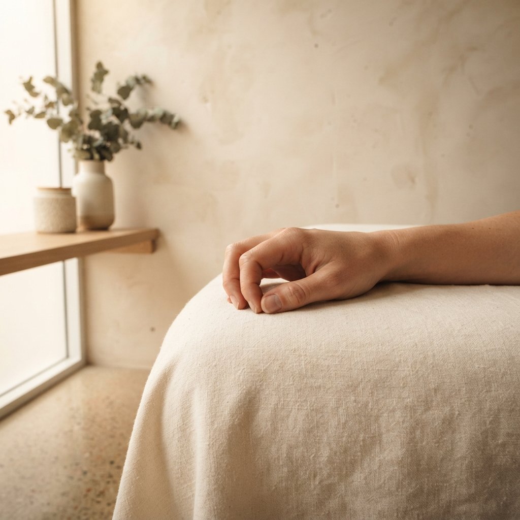 Mano femenina en reposo sobre una sábana crema
