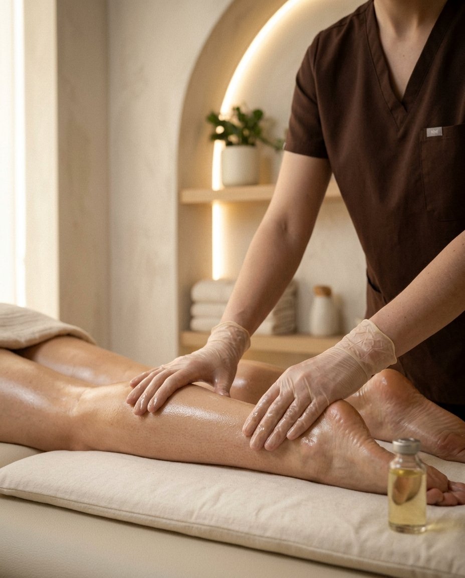 Masaje de drenaje con aceite sobre la pierna en una sesión de fisioterapia dermatofuncional