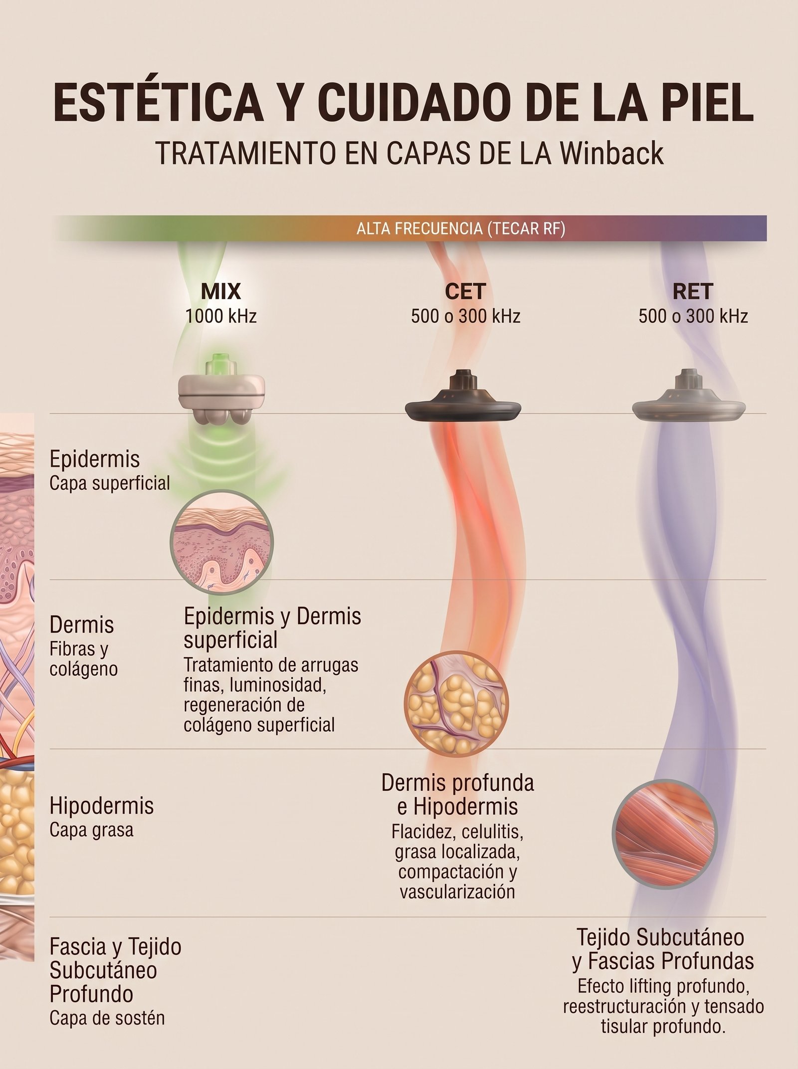 Capas de la piel y modos MIX, CET y RET del Winback 3TX, con la profundidad a la que act&uacute;a cada uno