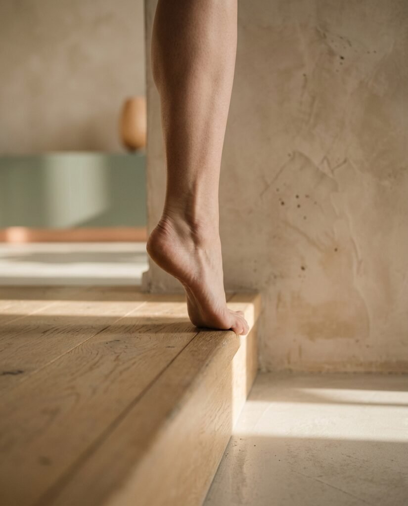 Elevación de talón sobre un escalón de madera, ejercicio de carga progresiva para tendinopatía