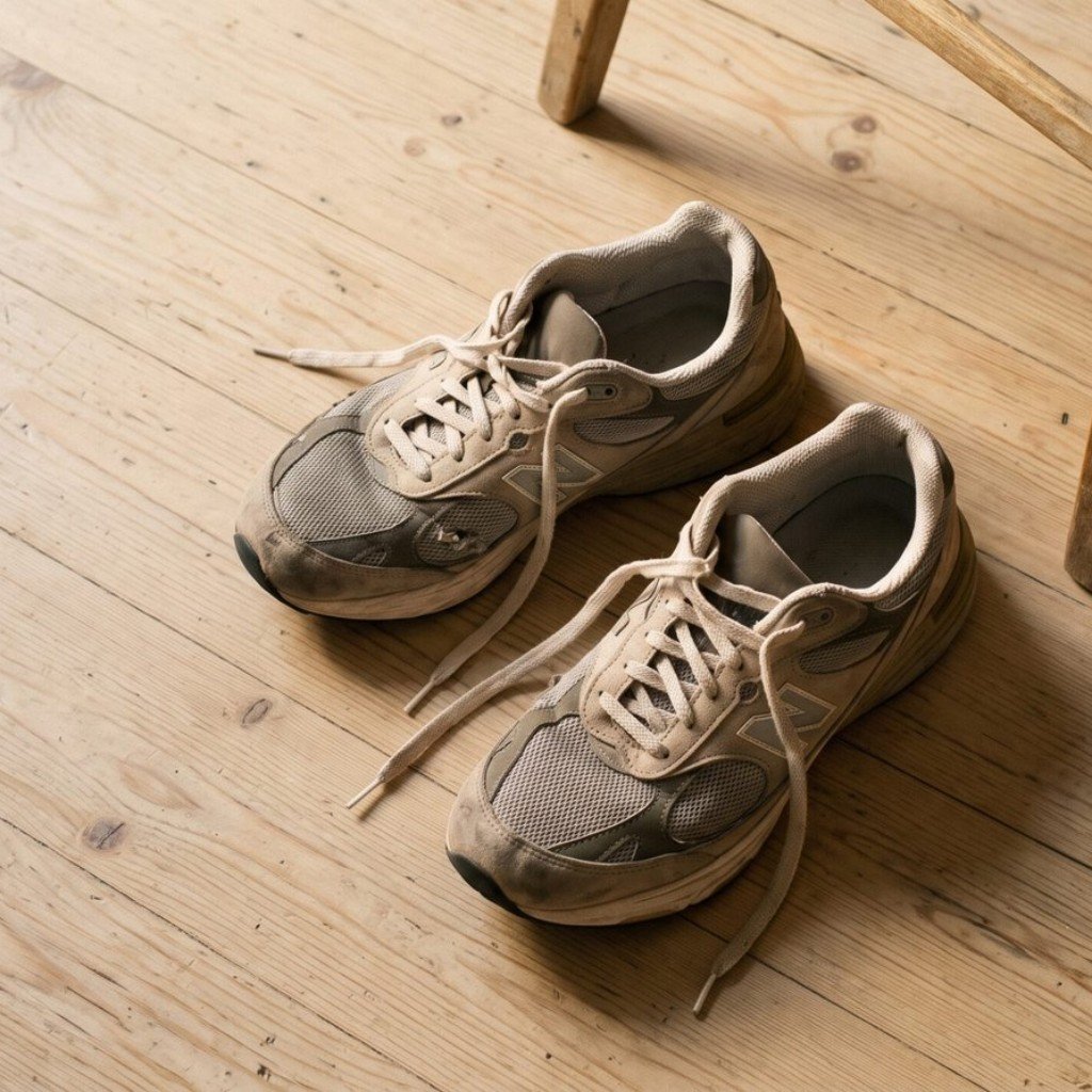 Zapatillas de correr usadas sobre suelo de madera