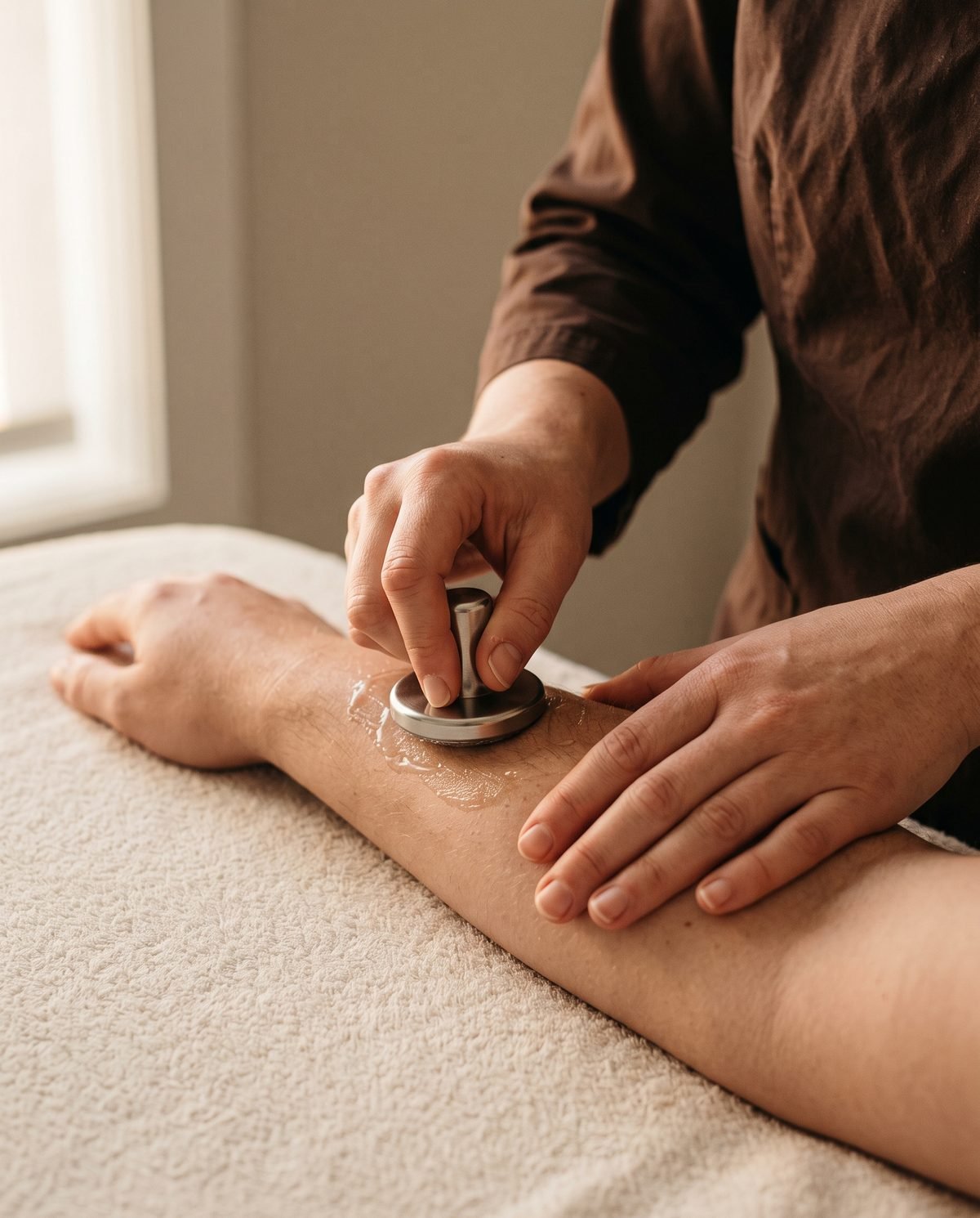 Fisioterapeuta aplicando el cabezal de tecarterapia con gel conductor sobre el antebrazo de un paciente